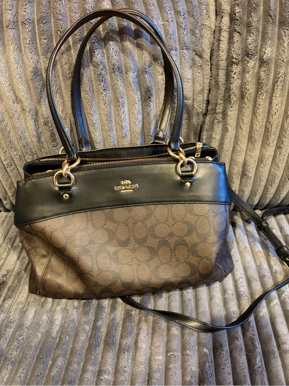 Coach Brown Signature Canvas Shoulder Tote with Black Leather Trim